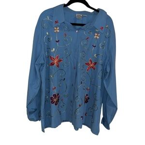 Vintage Blue Embroidered Floral Western Shirt Adrian Delafield Haband 2x Boho